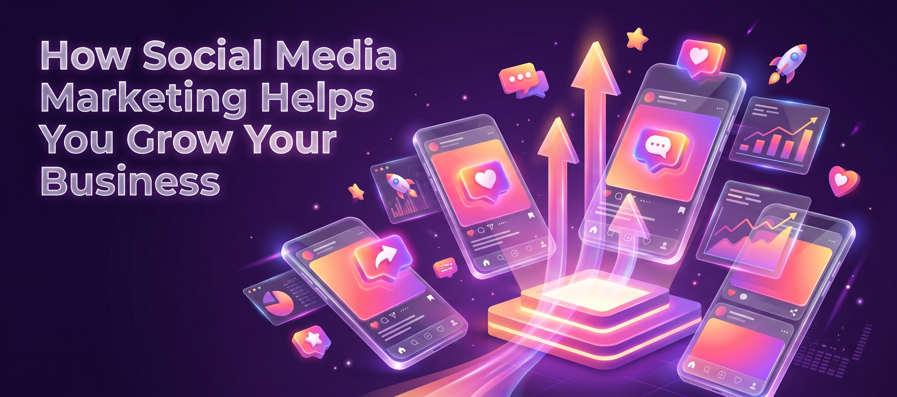 How social media marketing helps grow your business with mobile engagement and digital growth illustration